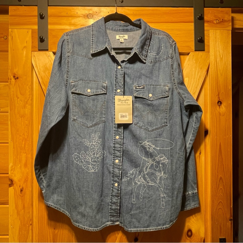 Denim Western Shirt with Embroidered Cowboy Design